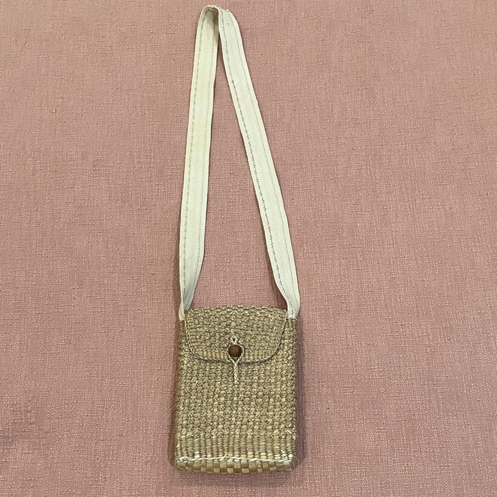 Natural straw Woven Crossbody with ecru canvas Strap